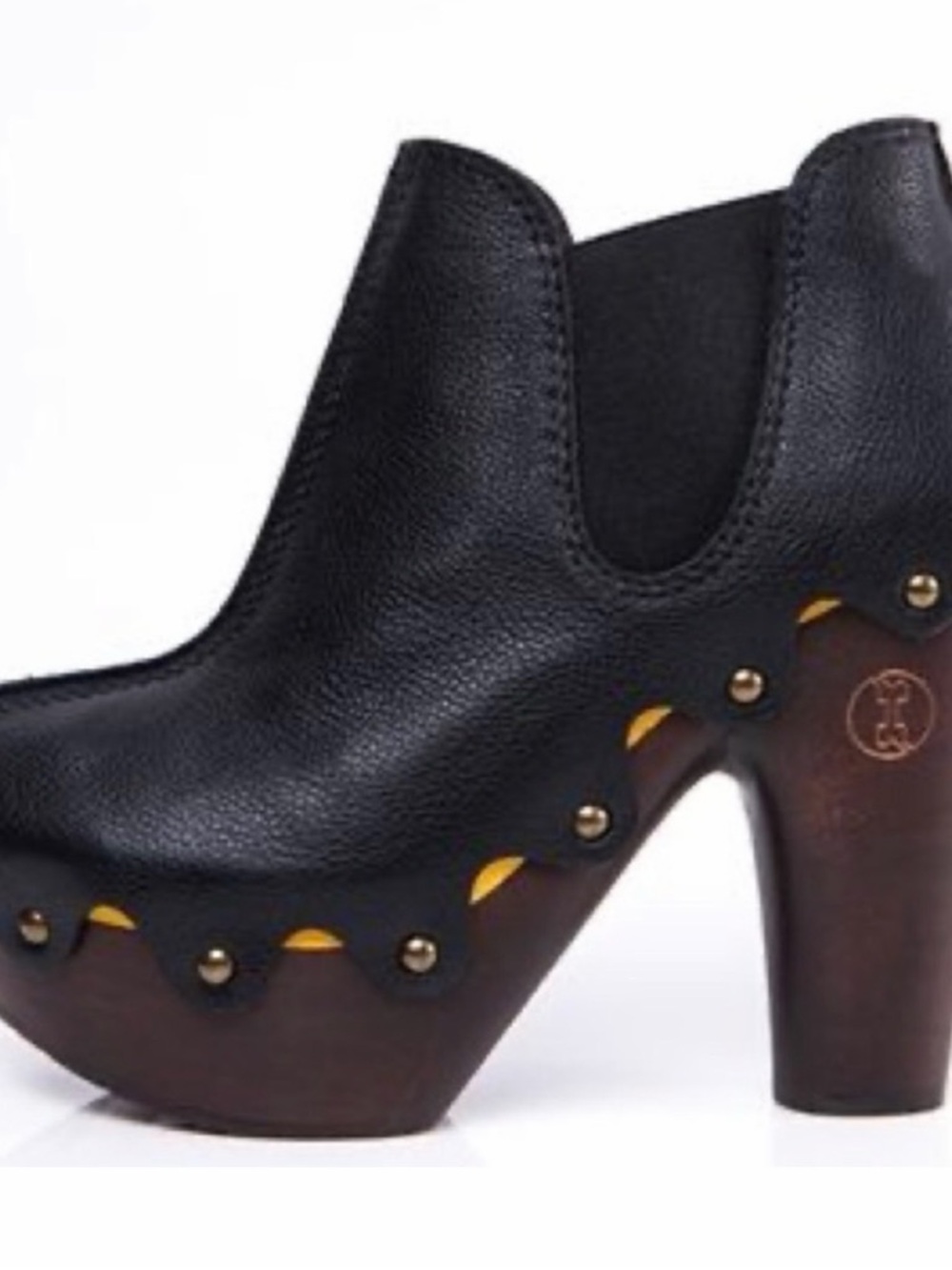 Flogg Deborah Black Leather Platform Ankle Clogs with Sculpted Wood Heel - Picture 2 of 7